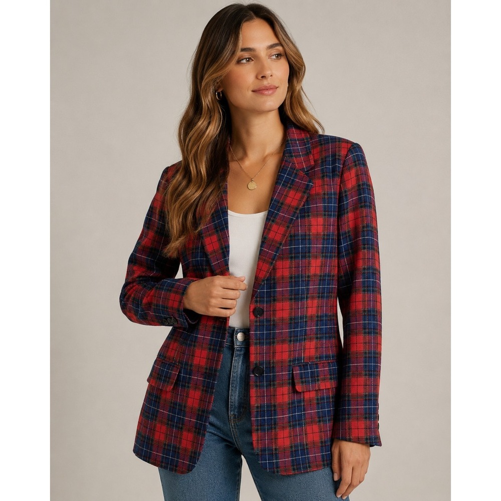 VTG Pendleton Blazer Womens 8 Tartan Red Blue Plaid Virgin Wool Button Jacket